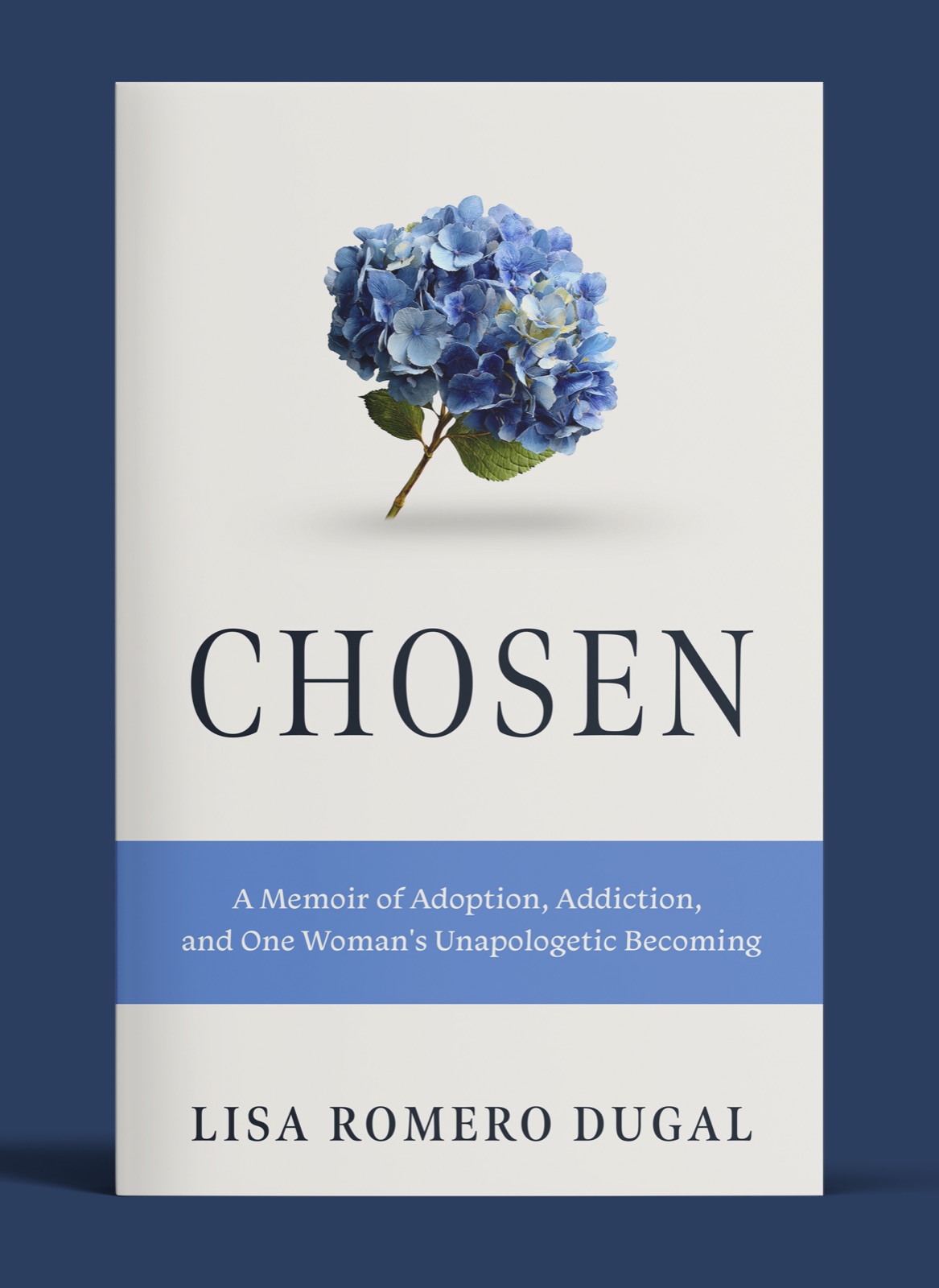 The cover of Chosen: a blue hydrangea above the title, on a navy ground